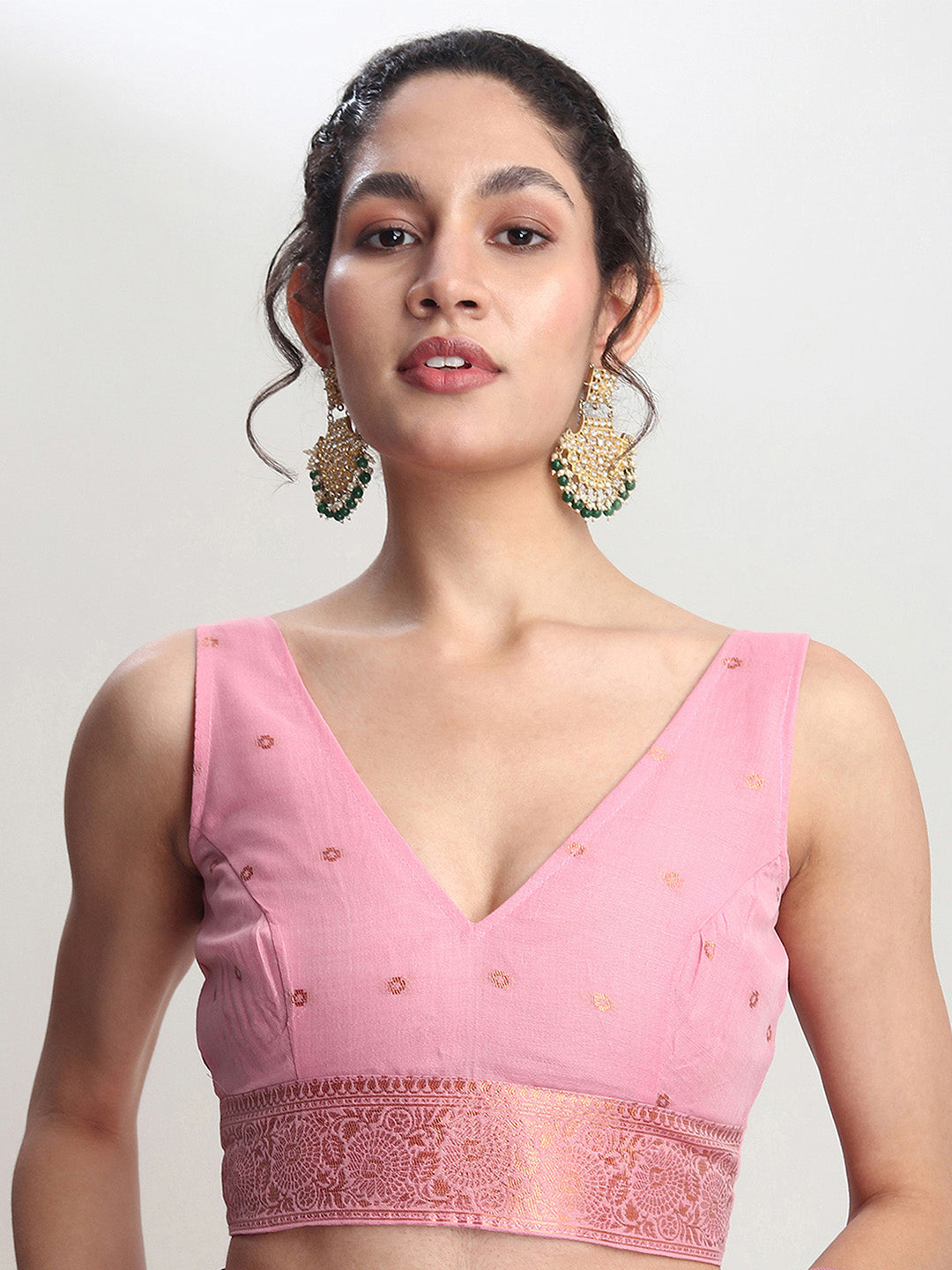 Janasya Pink Linen Blend Floral Jacquard Saree | Swadesiicart