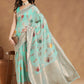 Janasya Sea Blue Linen Blend Floral Jacquard Saree | Swadesiicart