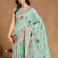 Janasya Sea Blue Linen Blend Floral Jacquard Saree | Swadesiicart