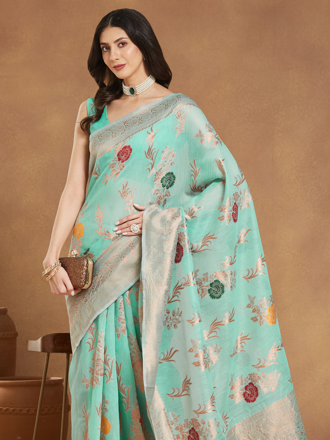 Janasya Sea Blue Linen Blend Floral Jacquard Saree | Swadesiicart