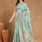 Janasya Sea Blue Linen Blend Floral Jacquard Saree | Swadesiicart