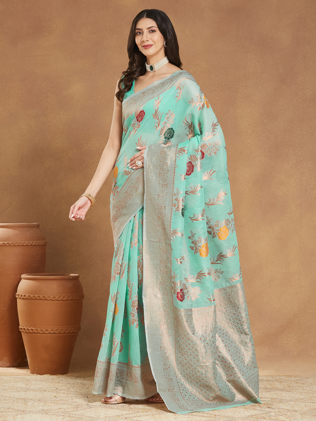 Janasya Sea Blue Linen Blend Floral Jacquard Saree | Swadesiicart