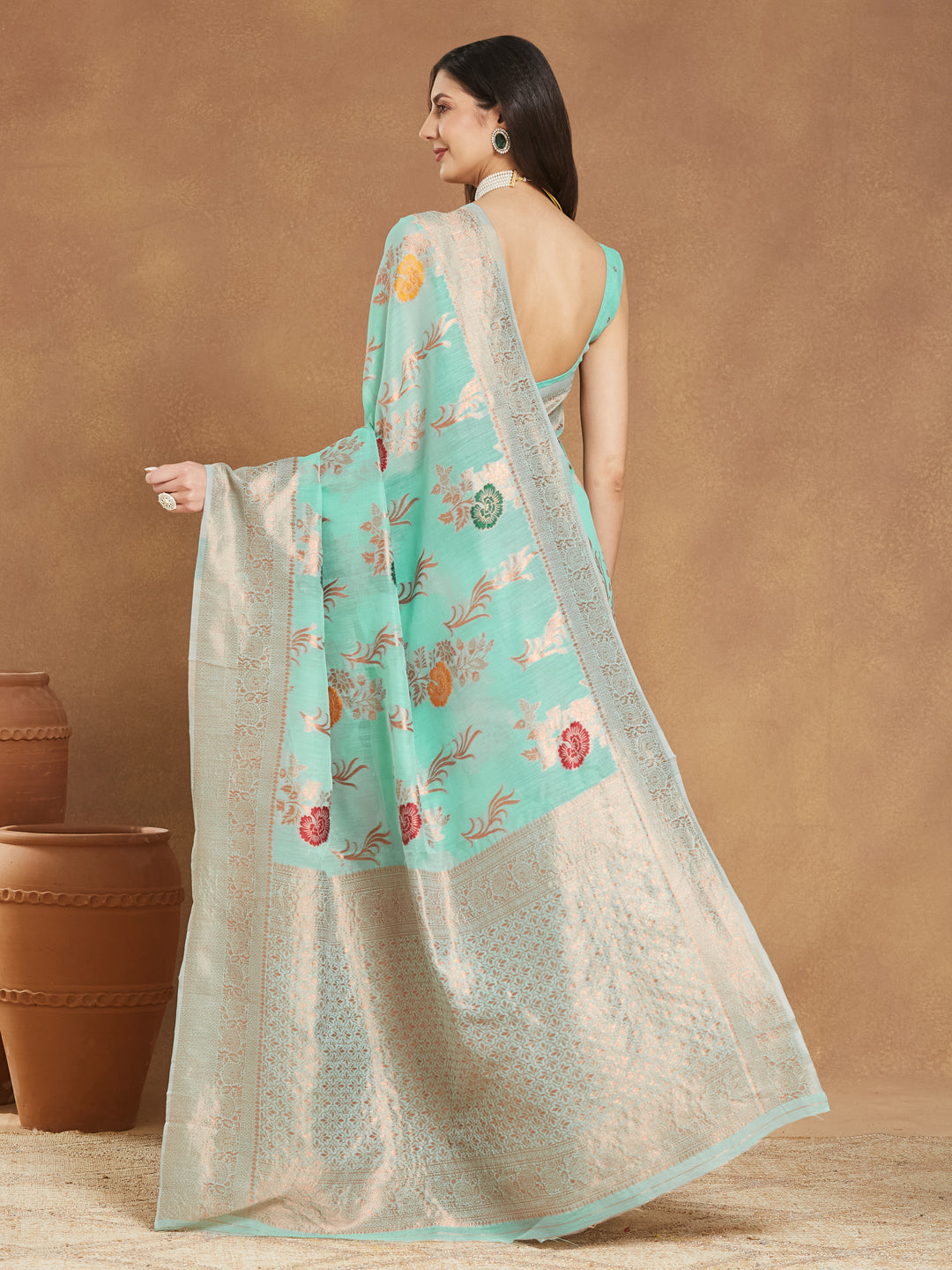 Janasya Sea Blue Linen Blend Floral Jacquard Saree | Swadesiicart