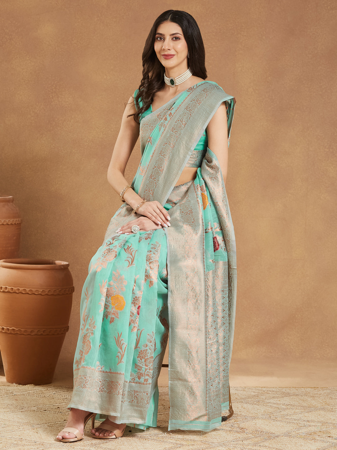 Janasya Sea Blue Linen Blend Floral Jacquard Saree | Swadesiicart