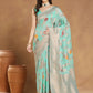 Janasya Sea Blue Linen Blend Floral Jacquard Saree | Swadesiicart