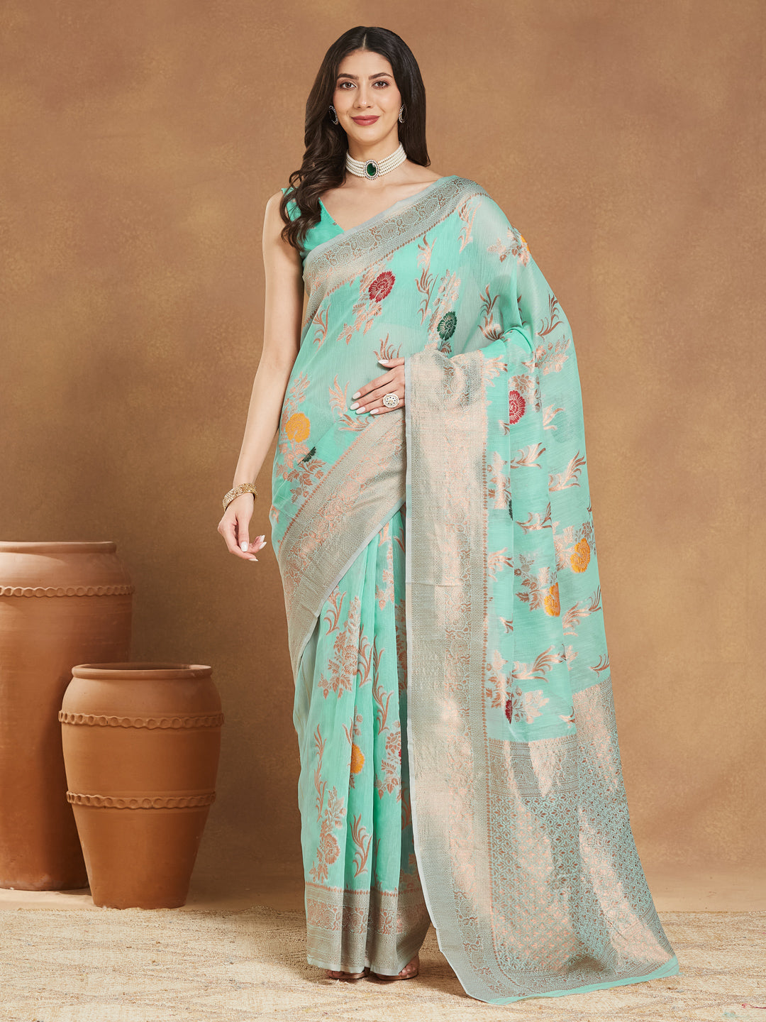 Janasya Sea Blue Linen Blend Floral Jacquard Saree | Swadesiicart