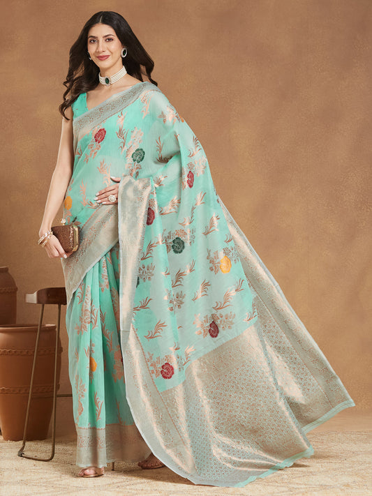 Janasya Sea Blue Linen Blend Floral Jacquard Saree | Swadesiicart