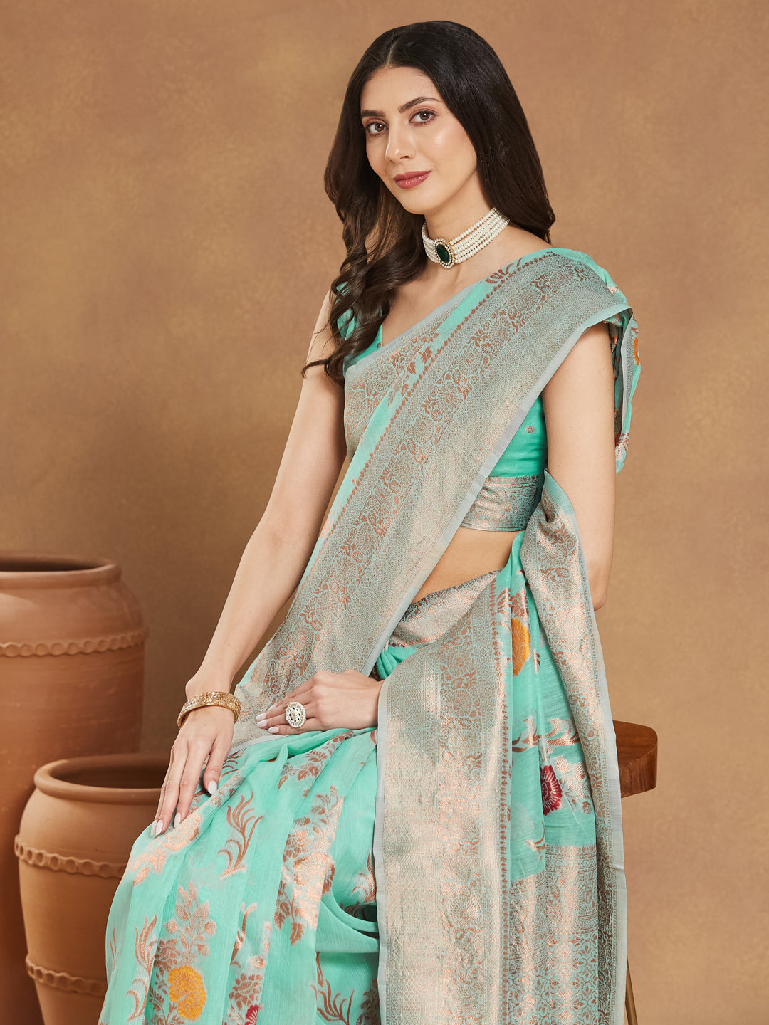 Janasya Sea Blue Linen Blend Floral Jacquard Saree | Swadesiicart