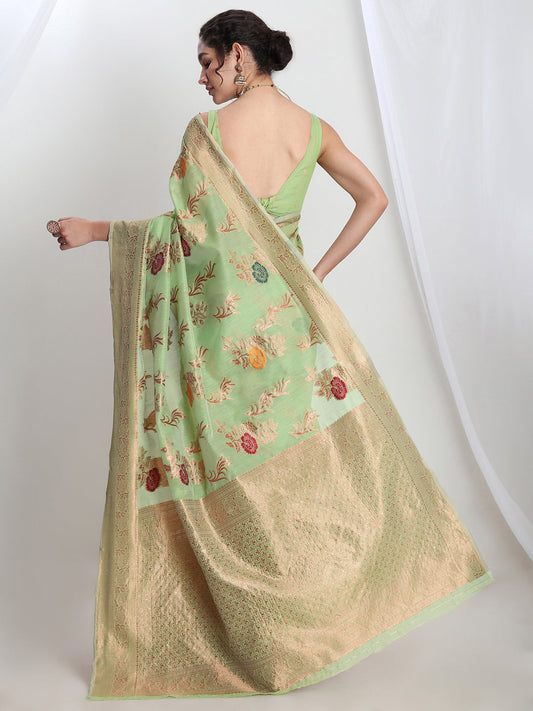 Janasya Light Green Linen Blend Floral Jacquard Saree | Swadesiicart