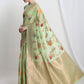 Janasya Light Green Linen Blend Floral Jacquard Saree | Swadesiicart