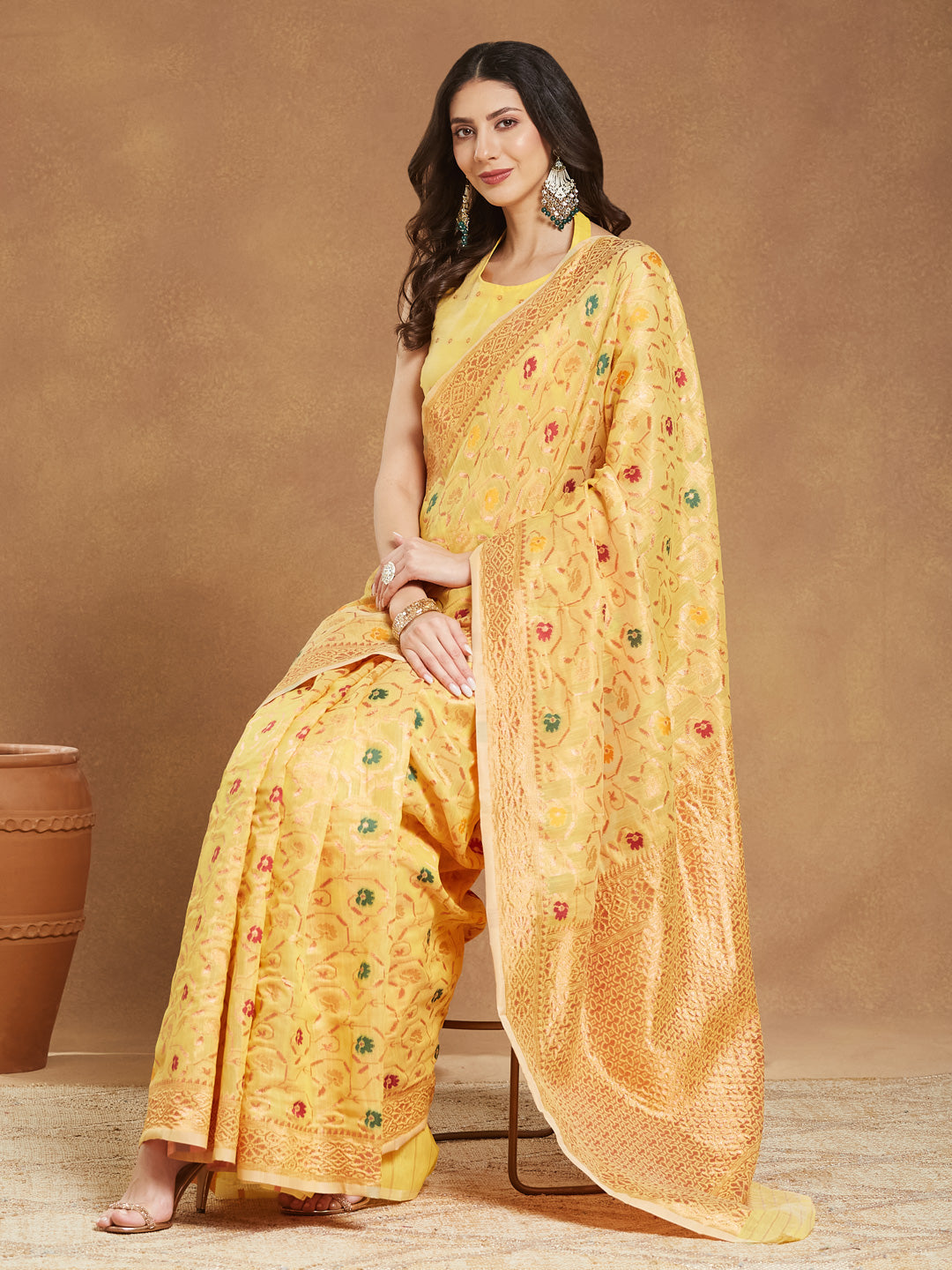 Janasya Yellow Linen Blend Patola Jacquard Saree | Swadesiicart