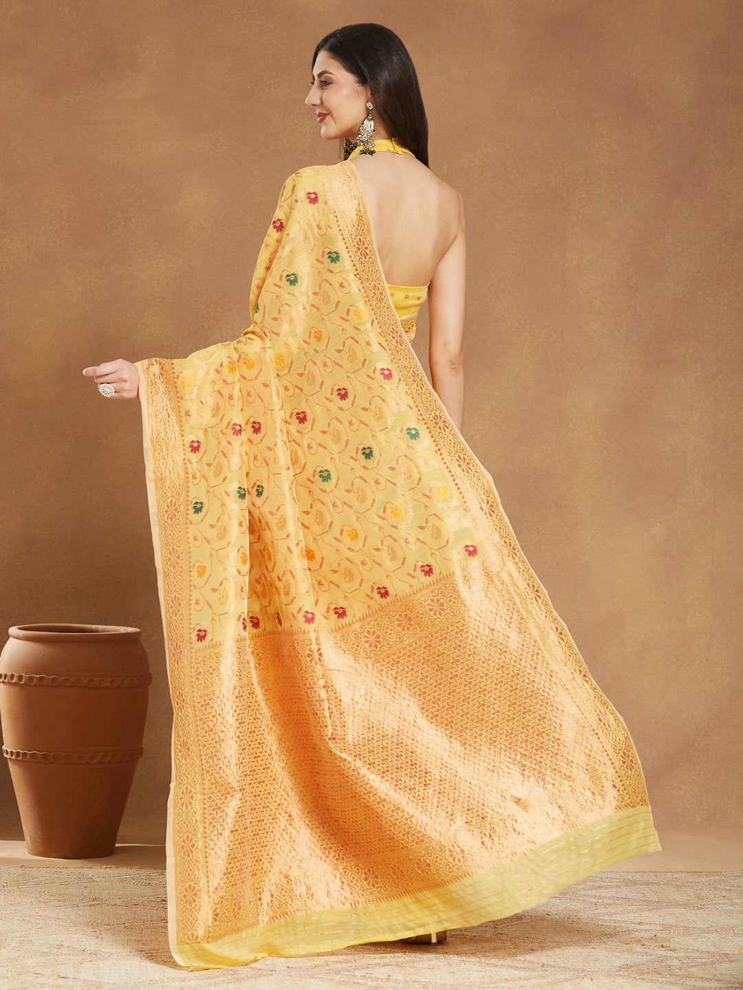 Janasya Yellow Linen Blend Patola Jacquard Saree | Swadesiicart