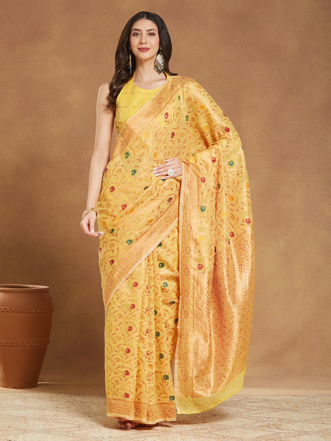 Janasya Yellow Linen Blend Patola Jacquard Saree | Swadesiicart