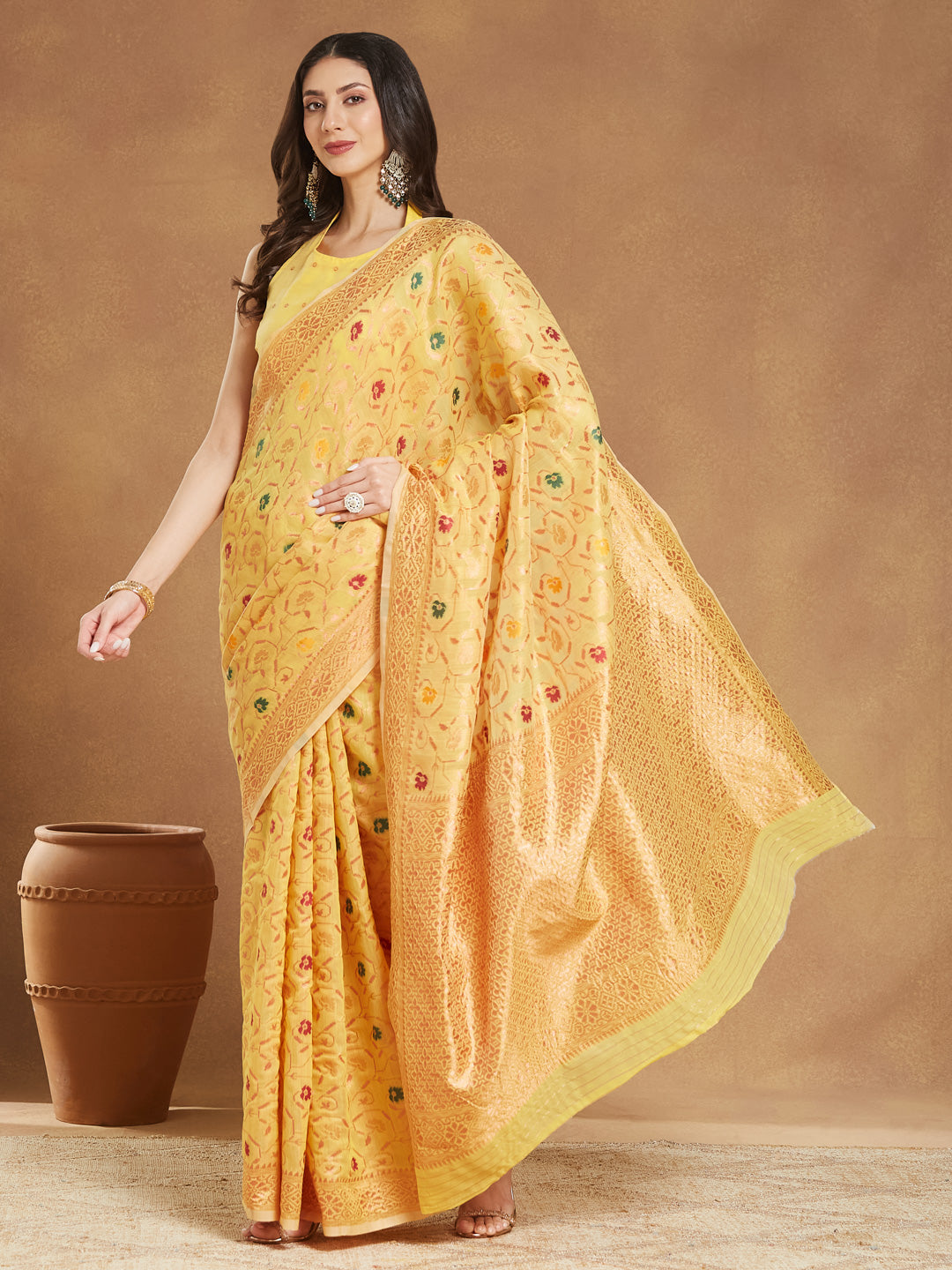 Janasya Yellow Linen Blend Patola Jacquard Saree | Swadesiicart