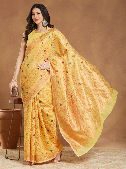 Janasya Yellow Linen Blend Patola Jacquard Saree | Swadesiicart