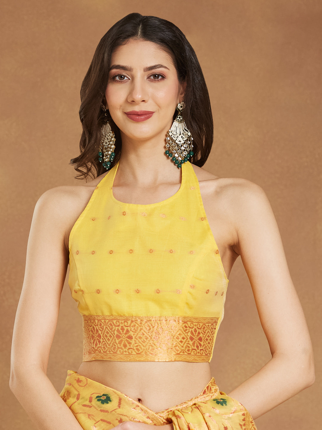 Janasya Yellow Linen Blend Patola Jacquard Saree | Swadesiicart