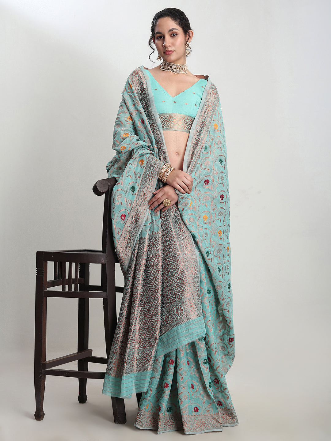 Janasya Sea Green Linen Blend Floral Jacquard Saree | Swadesiicart