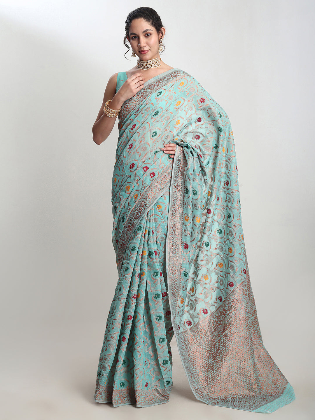 Janasya Sea Green Linen Blend Floral Jacquard Saree | Swadesiicart