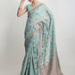 Janasya Sea Green Linen Blend Floral Jacquard Saree | Swadesiicart