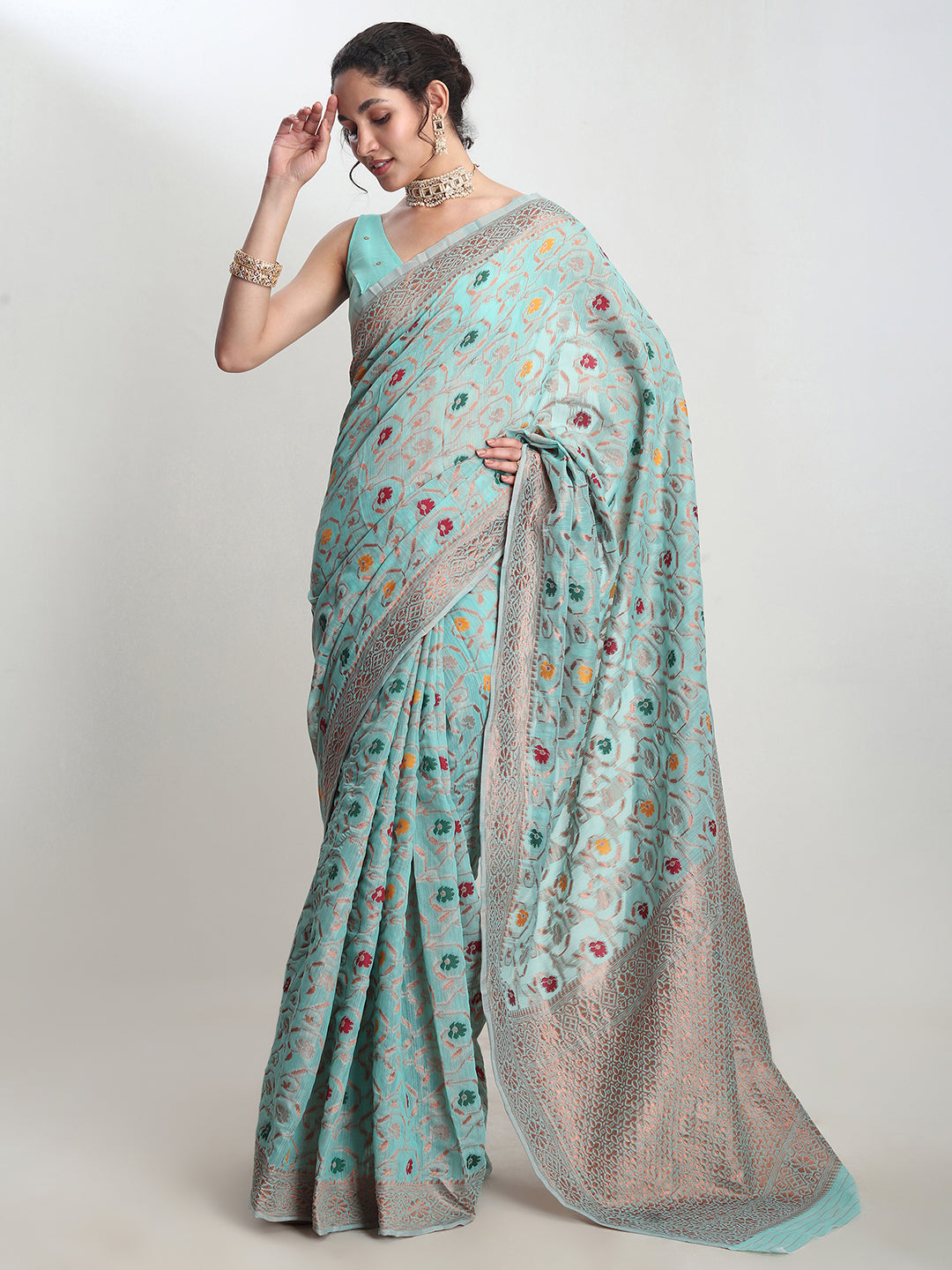 Janasya Sea Green Linen Blend Floral Jacquard Saree | Swadesiicart
