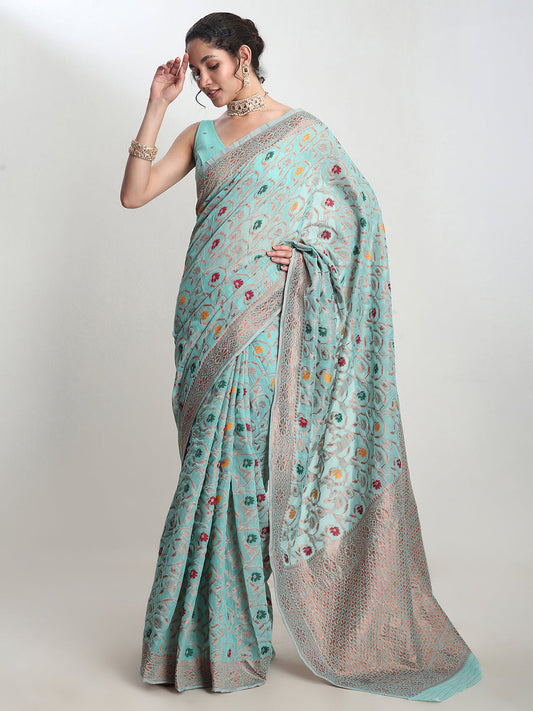 Janasya Sea Green Linen Blend Floral Jacquard Saree | Swadesiicart