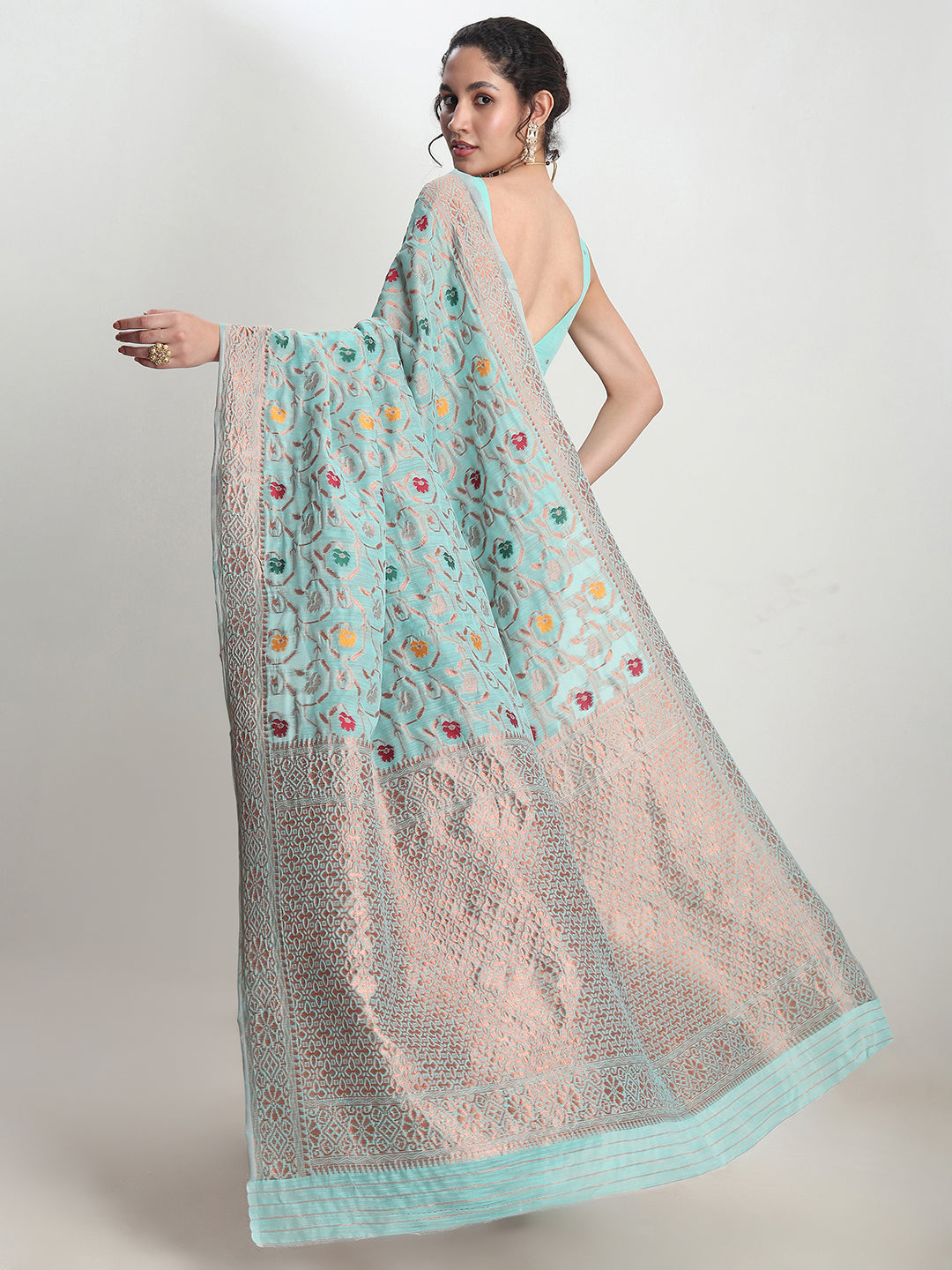 Janasya Sea Green Linen Blend Floral Jacquard Saree | Swadesiicart