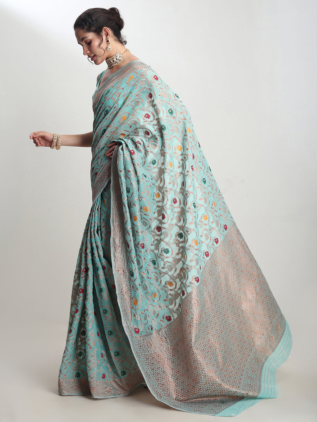 Janasya Sea Green Linen Blend Floral Jacquard Saree | Swadesiicart