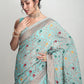 Janasya Sea Green Linen Blend Floral Jacquard Saree | Swadesiicart