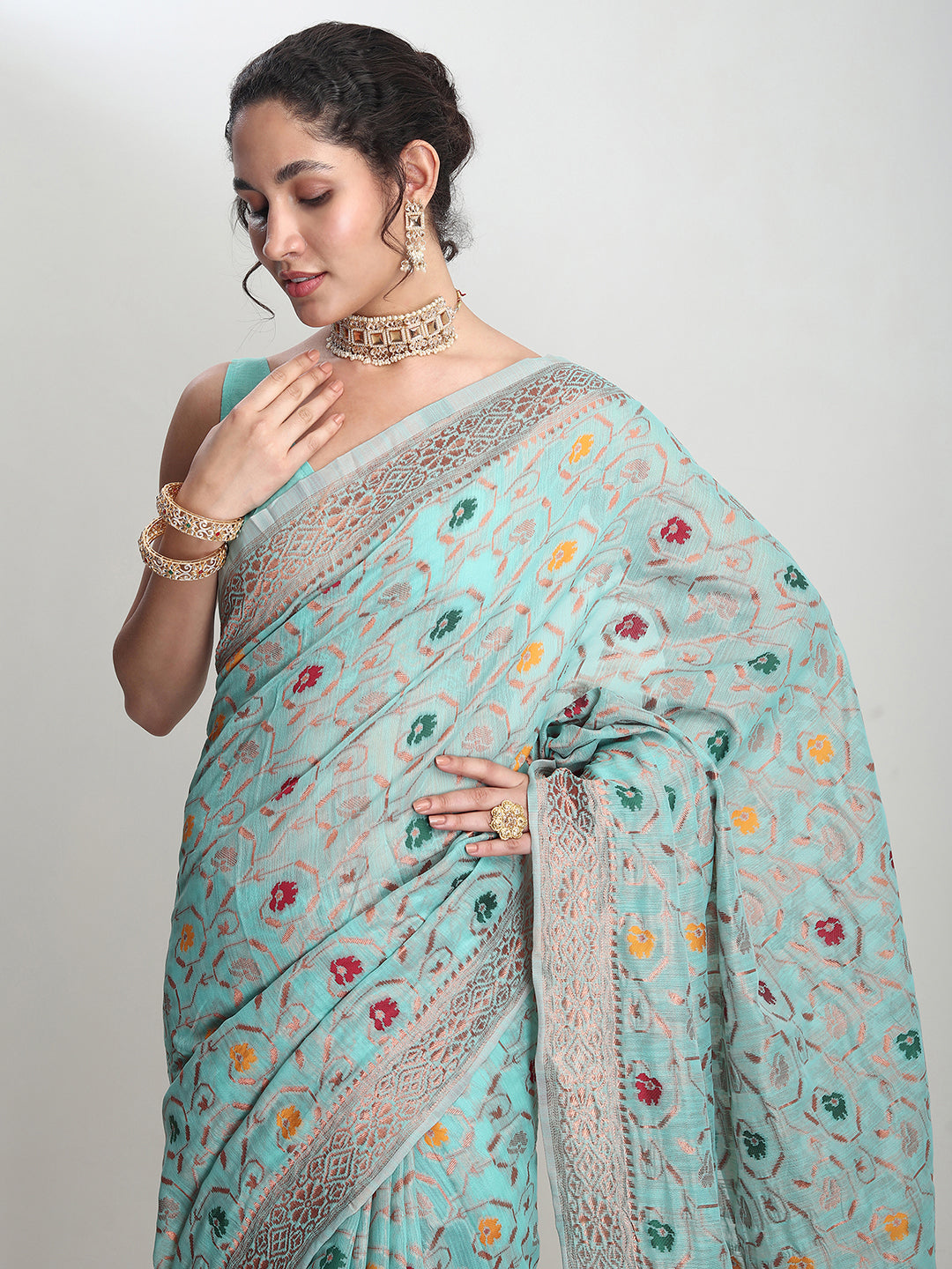 Janasya Sea Green Linen Blend Floral Jacquard Saree | Swadesiicart