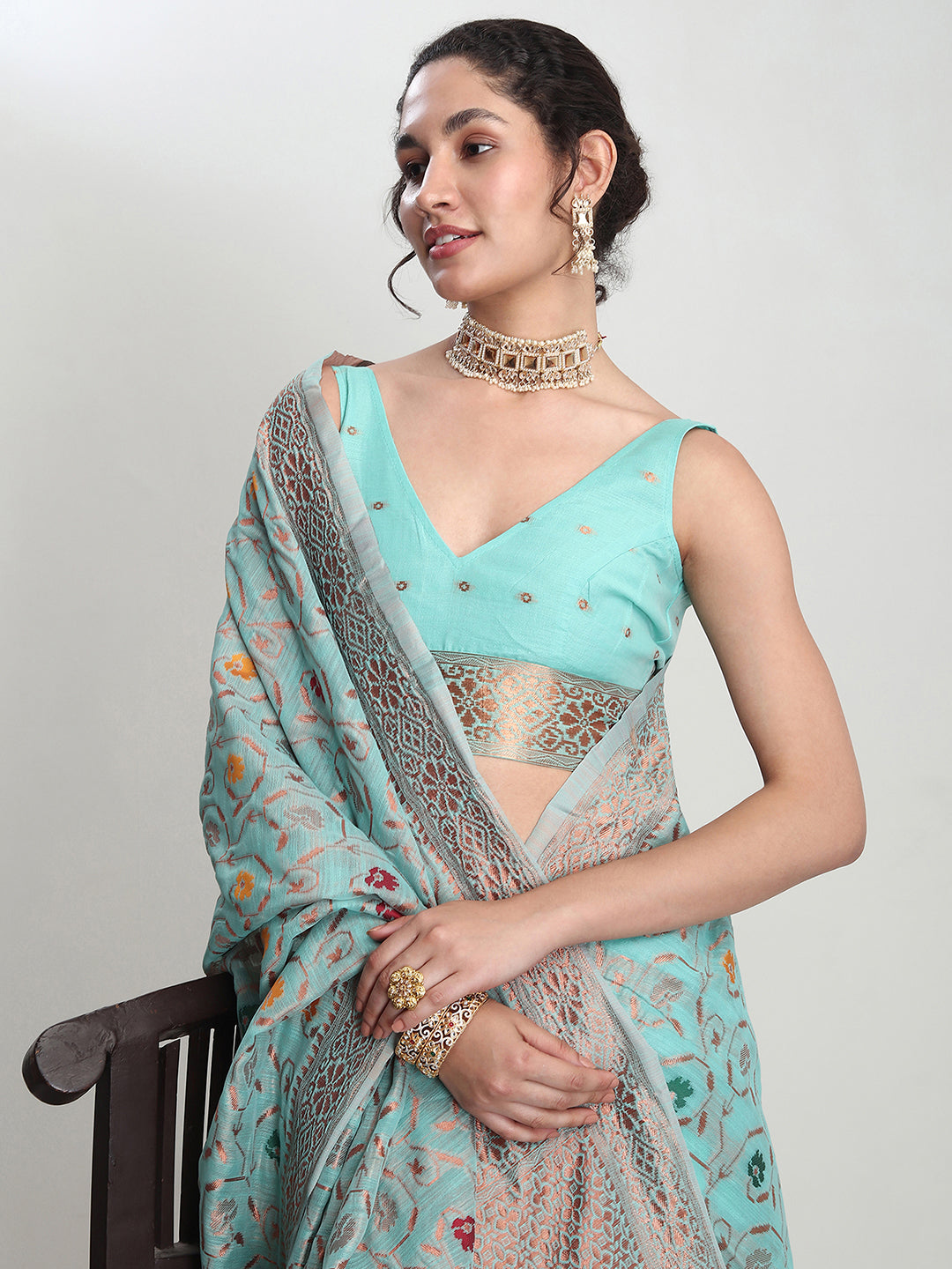 Janasya Sea Green Linen Blend Floral Jacquard Saree | Swadesiicart
