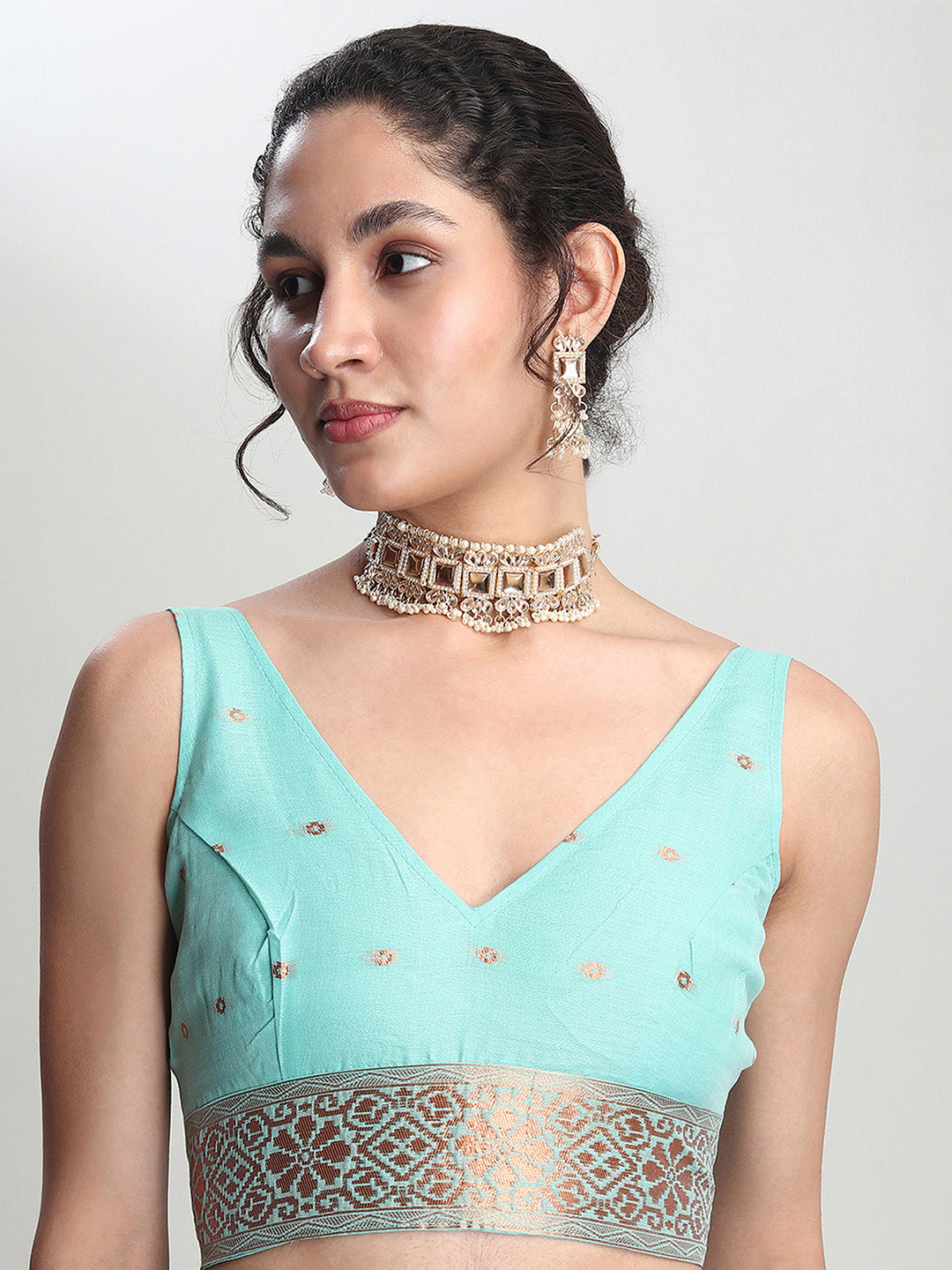 Janasya Sea Green Linen Blend Floral Jacquard Saree | Swadesiicart