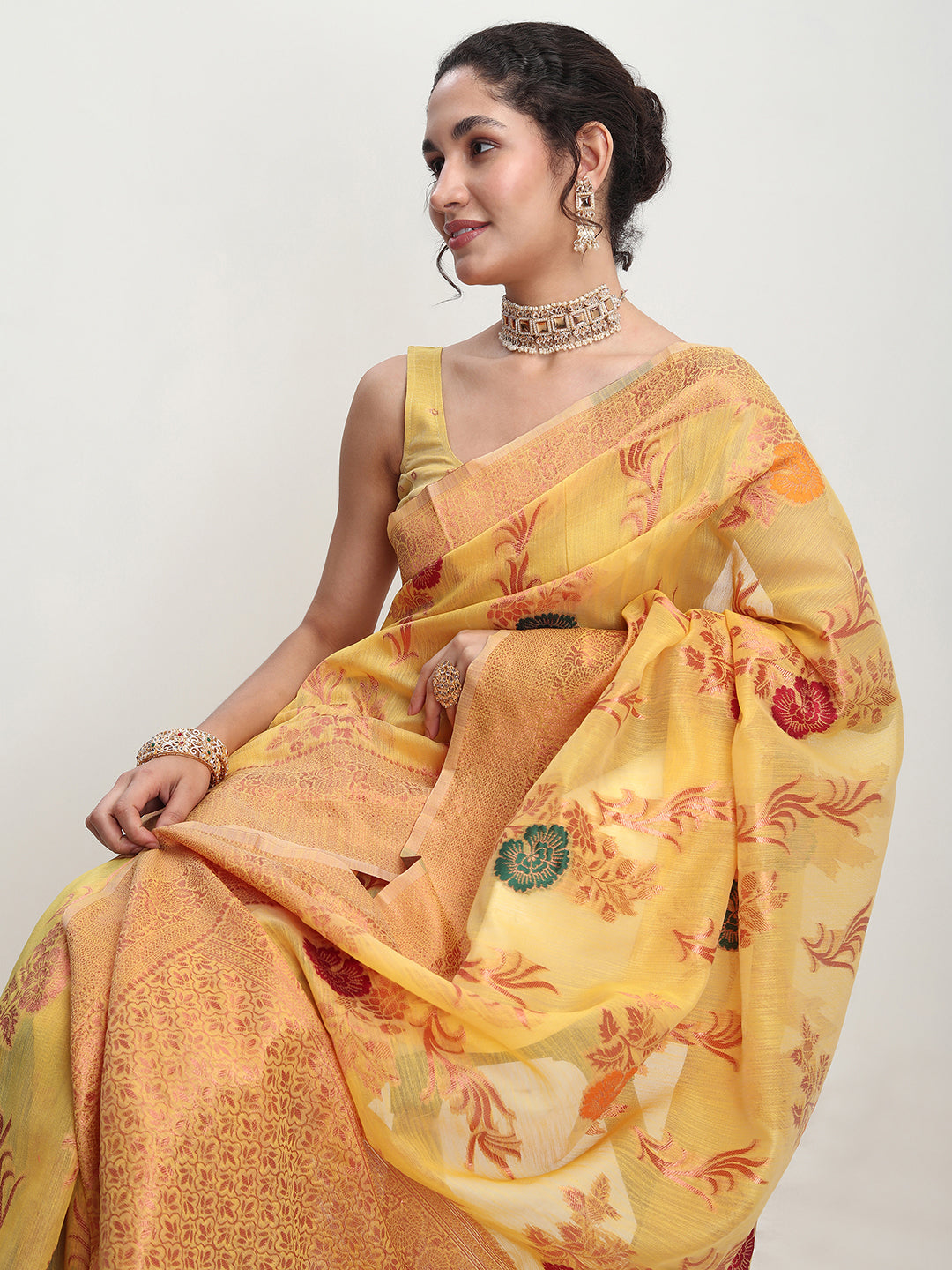 Janasya Yellow Linen Blend Floral Jacquard Saree | Swadesiicart
