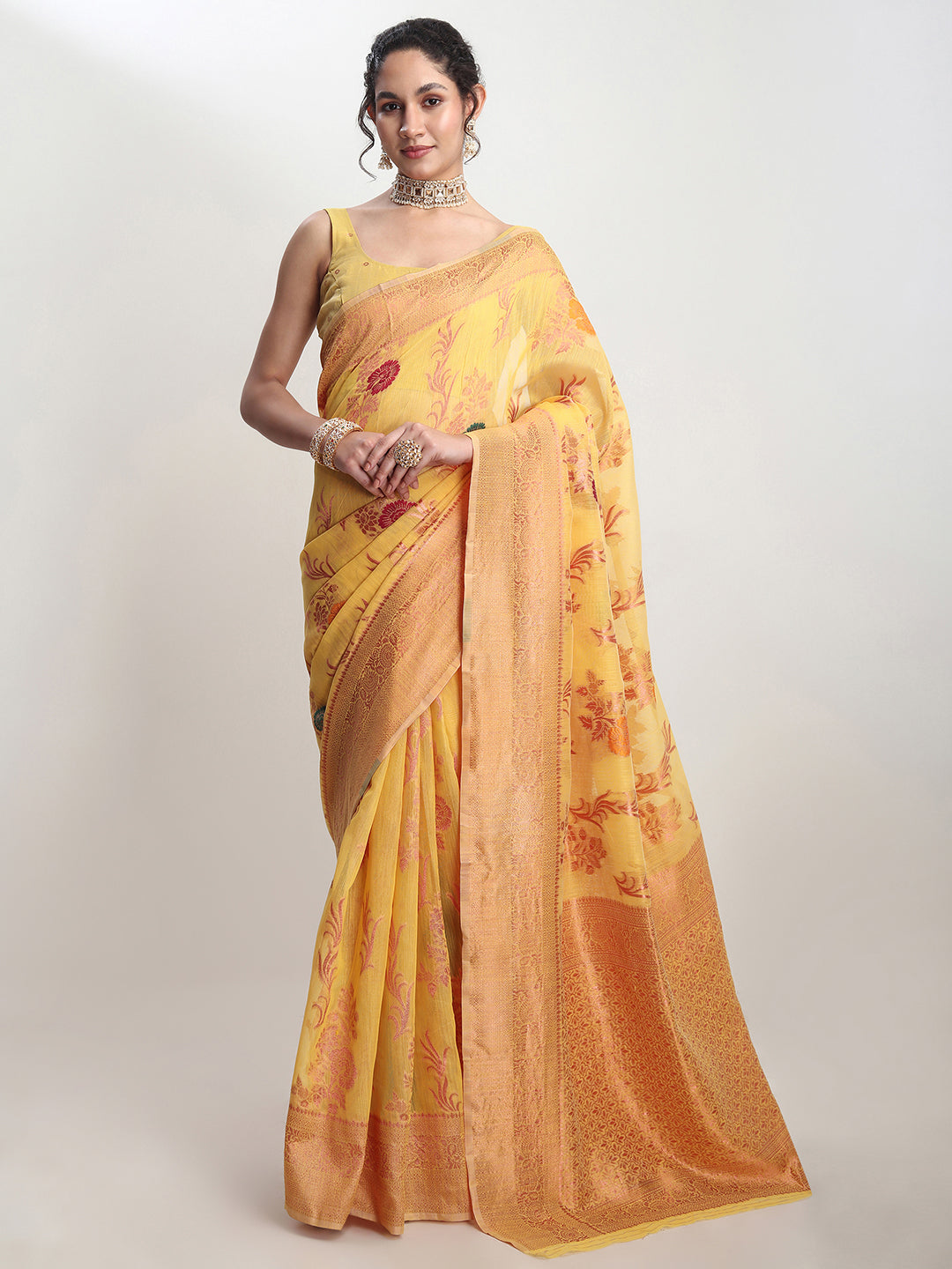 Janasya Yellow Linen Blend Floral Jacquard Saree | Swadesiicart