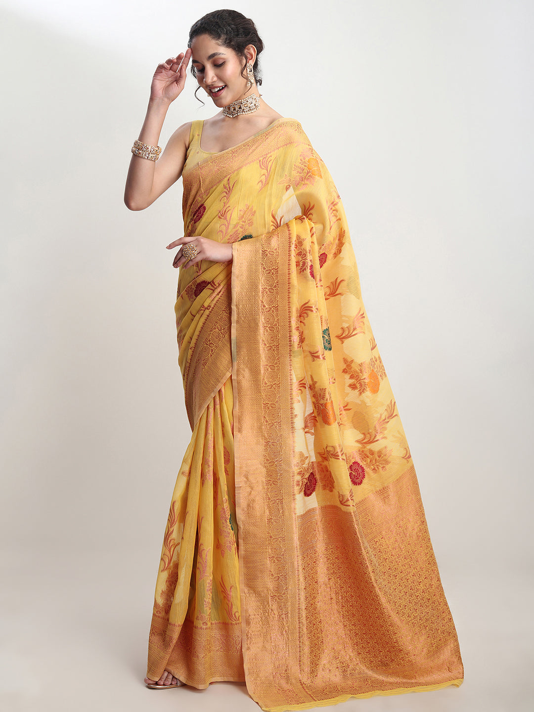 Janasya Yellow Linen Blend Floral Jacquard Saree | Swadesiicart