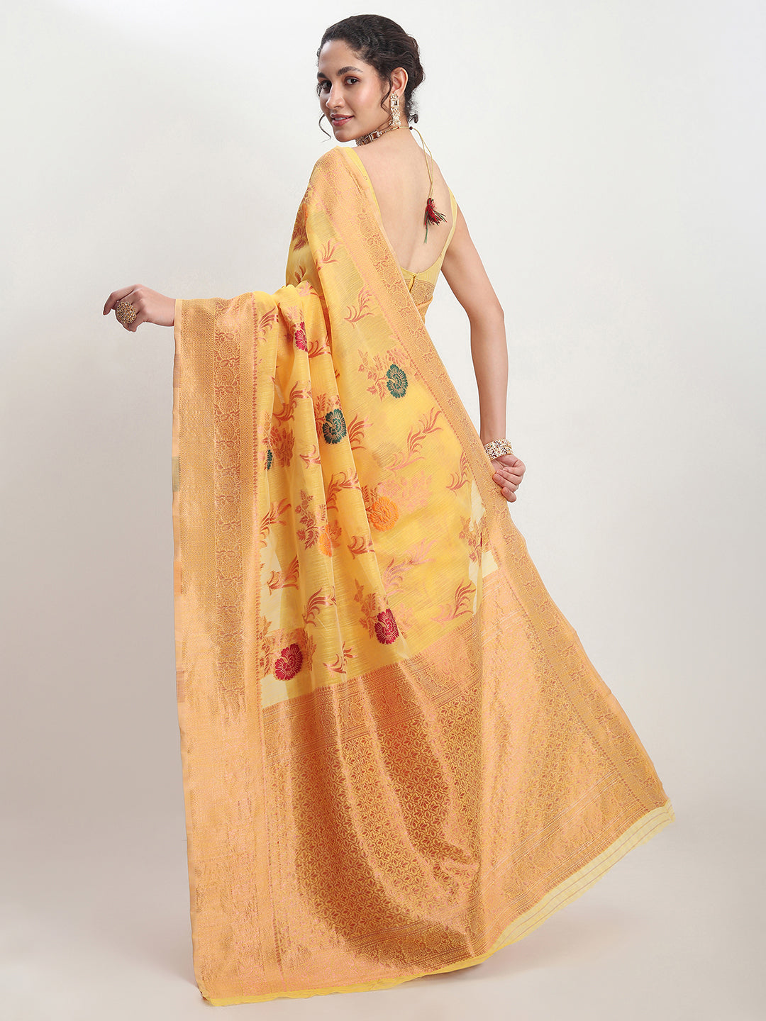 Janasya Yellow Linen Blend Floral Jacquard Saree | Swadesiicart