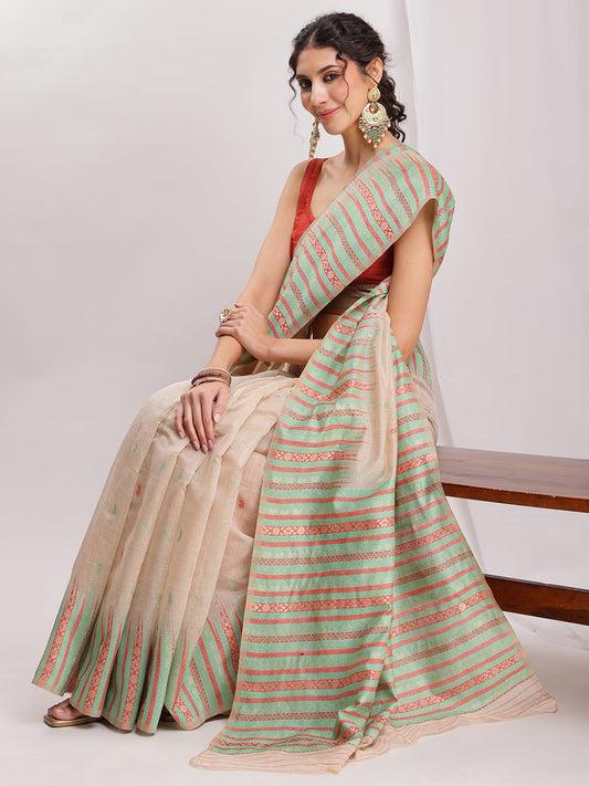 Janasya Beige Silk Blend Ikkat Jacquard Saree | Swadesiicart