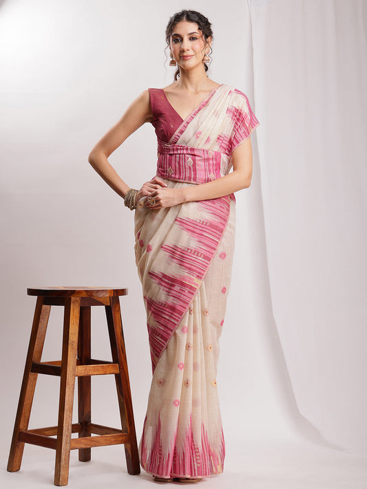 Janasya Beige Silk Blend Ikkat Jacquard Saree | Swadesiicart