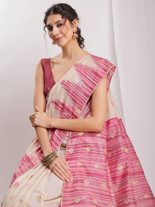 Janasya Beige Silk Blend Ikkat Jacquard Saree | Swadesiicart