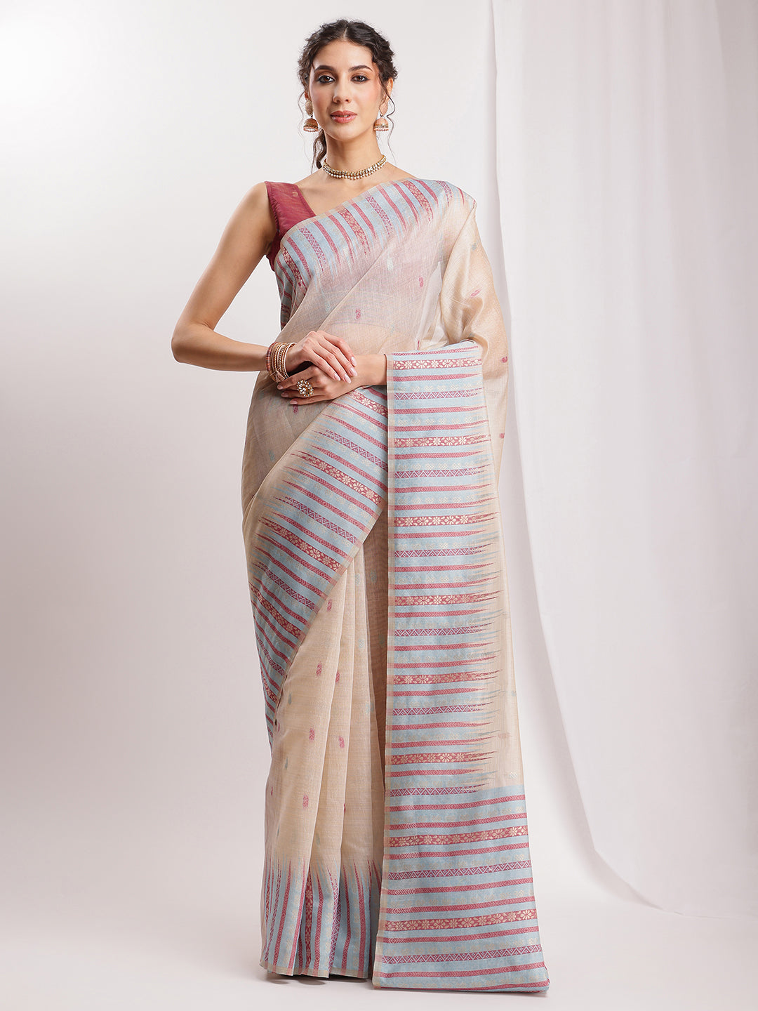 Janasya Beige Silk Blend Ikkat Jacquard Saree | Swadesiicart