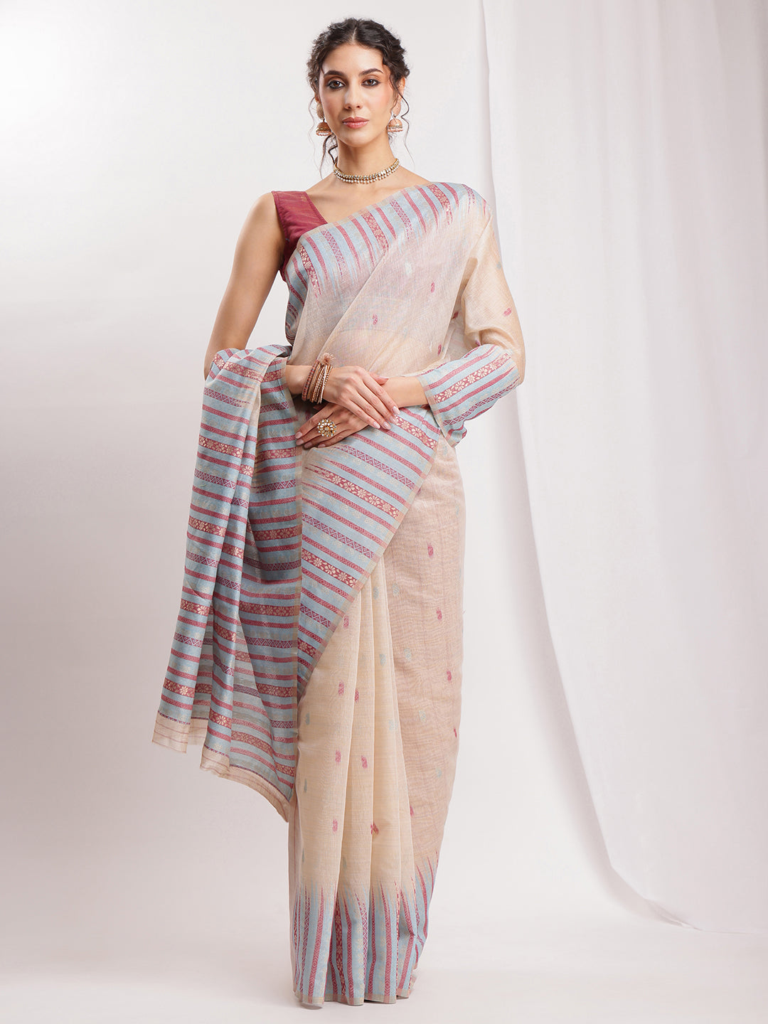 Janasya Beige Silk Blend Ikkat Jacquard Saree | Swadesiicart