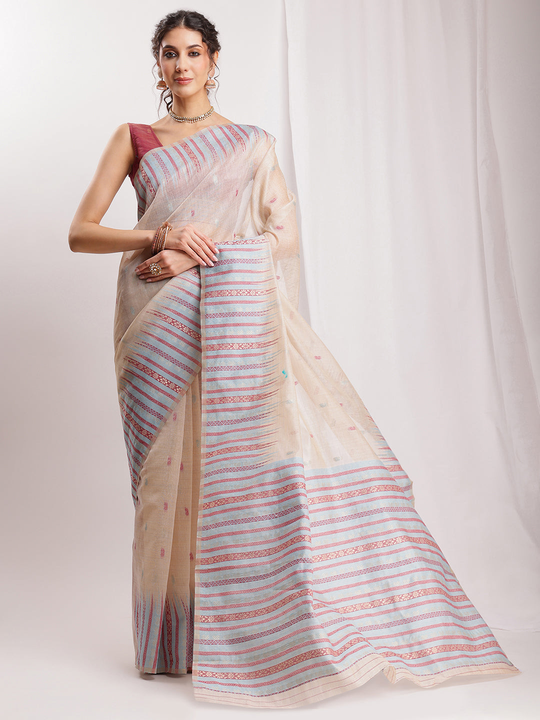 Janasya Beige Silk Blend Ikkat Jacquard Saree | Swadesiicart