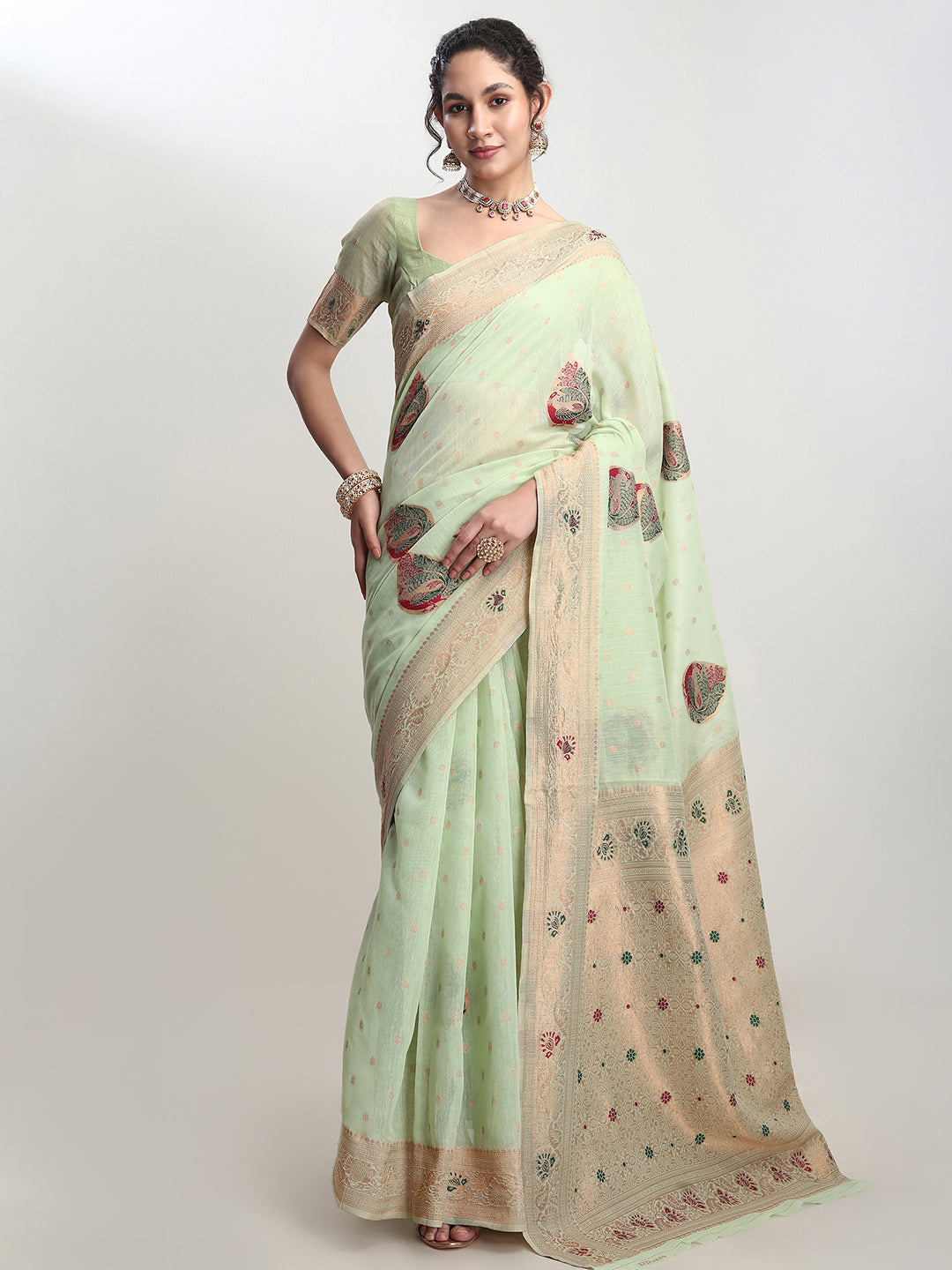Janasya Light Green Linen Blend Kalamkari Jacquard Saree | Swadesiicart