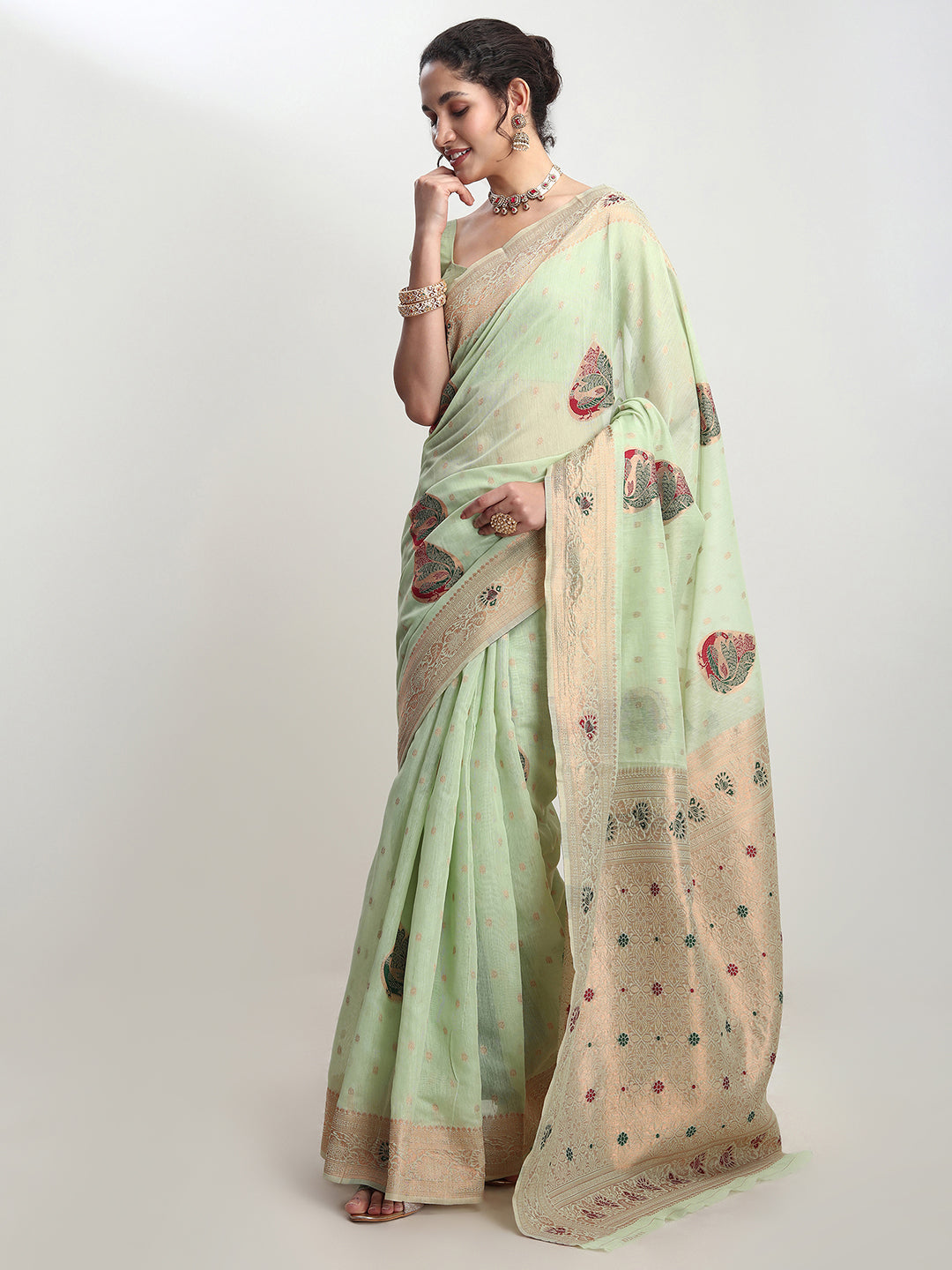 Janasya Light Green Linen Blend Kalamkari Jacquard Saree | Swadesiicart