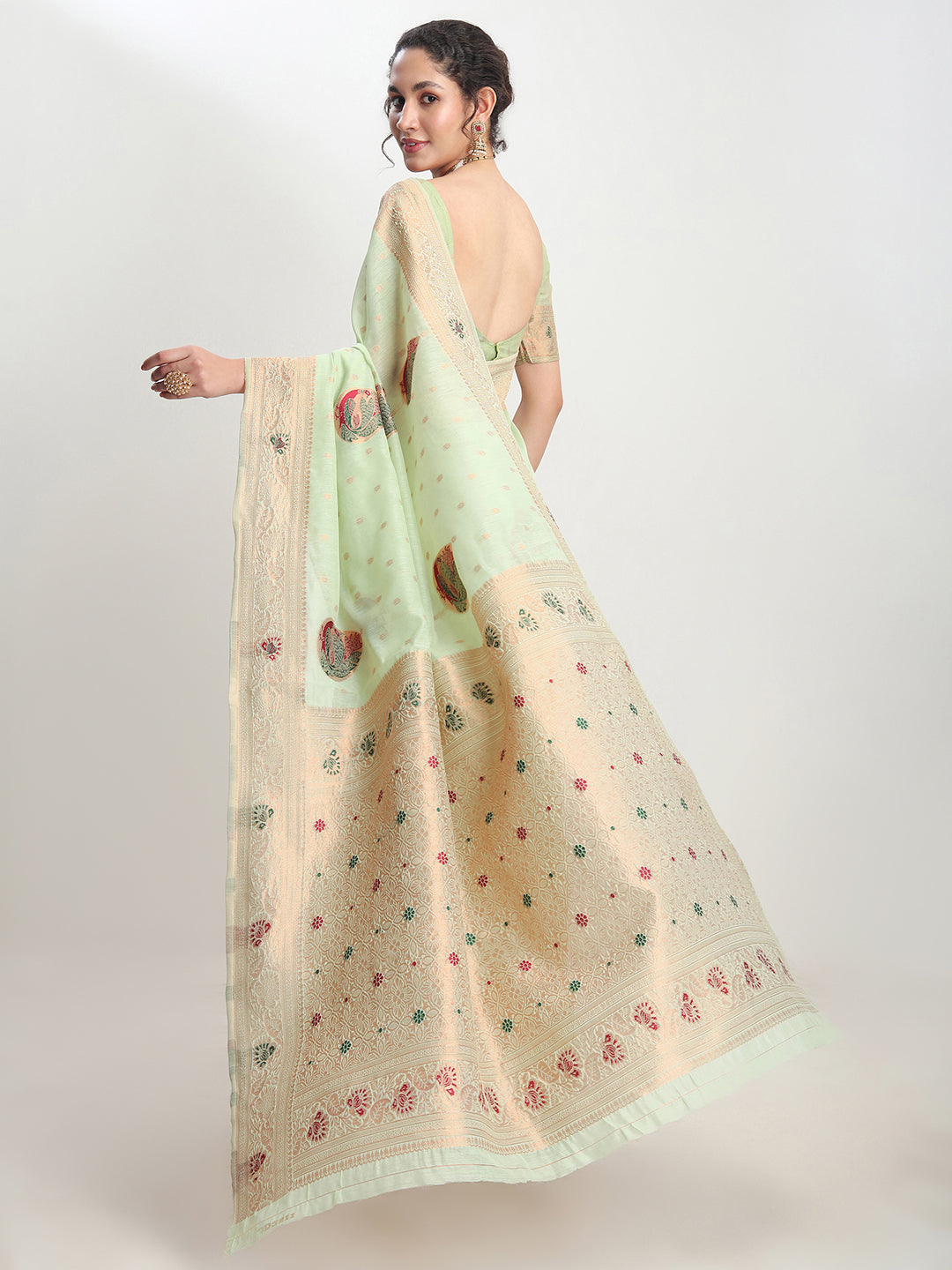 Janasya Light Green Linen Blend Kalamkari Jacquard Saree | Swadesiicart
