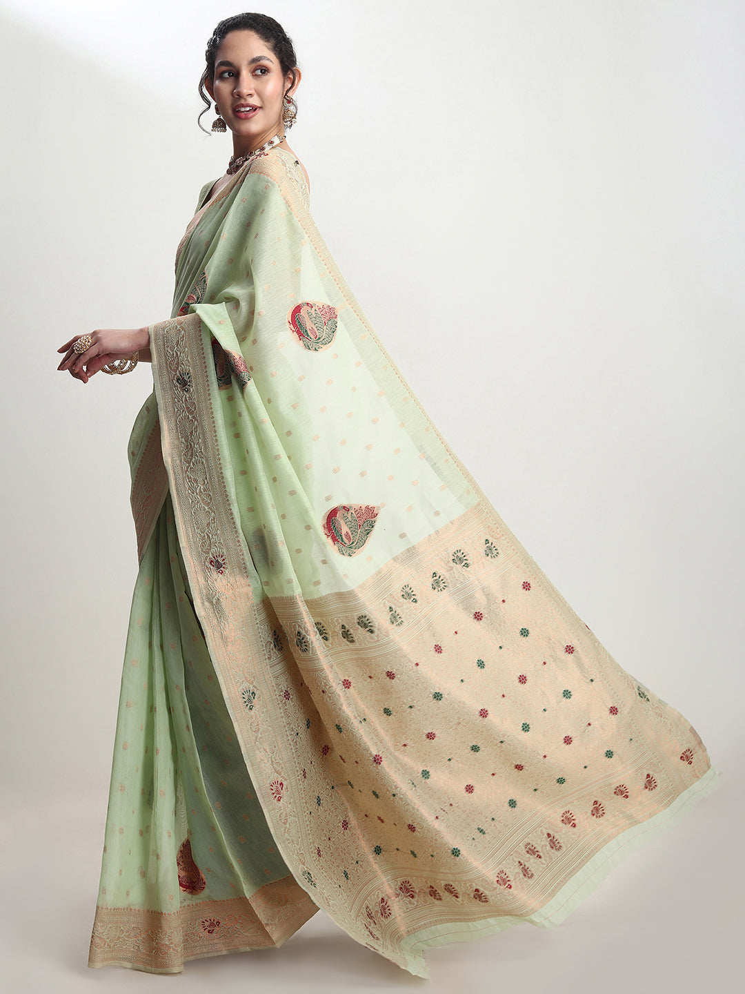 Janasya Light Green Linen Blend Kalamkari Jacquard Saree | Swadesiicart