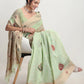 Janasya Light Green Linen Blend Kalamkari Jacquard Saree | Swadesiicart