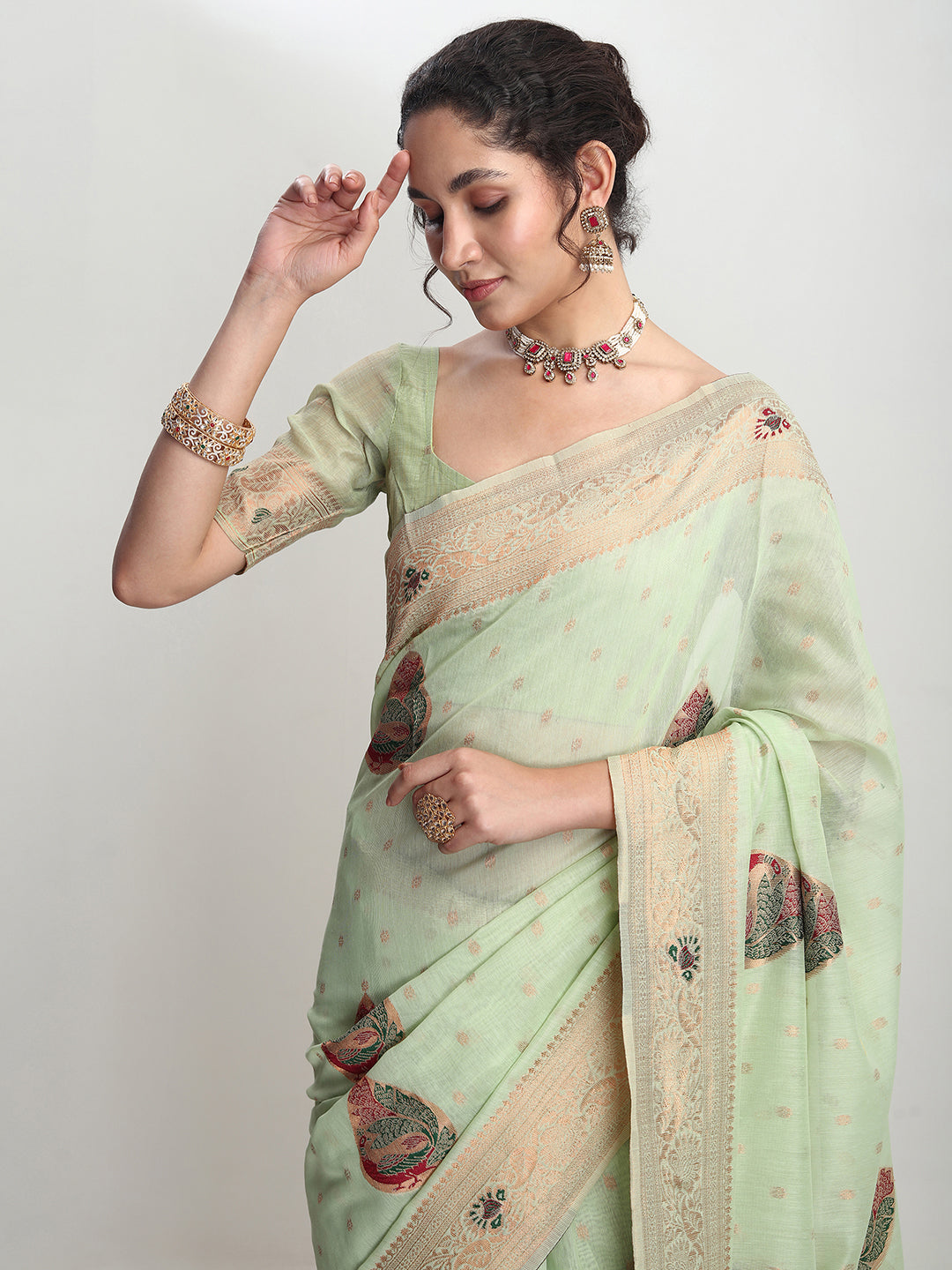 Janasya Light Green Linen Blend Kalamkari Jacquard Saree | Swadesiicart