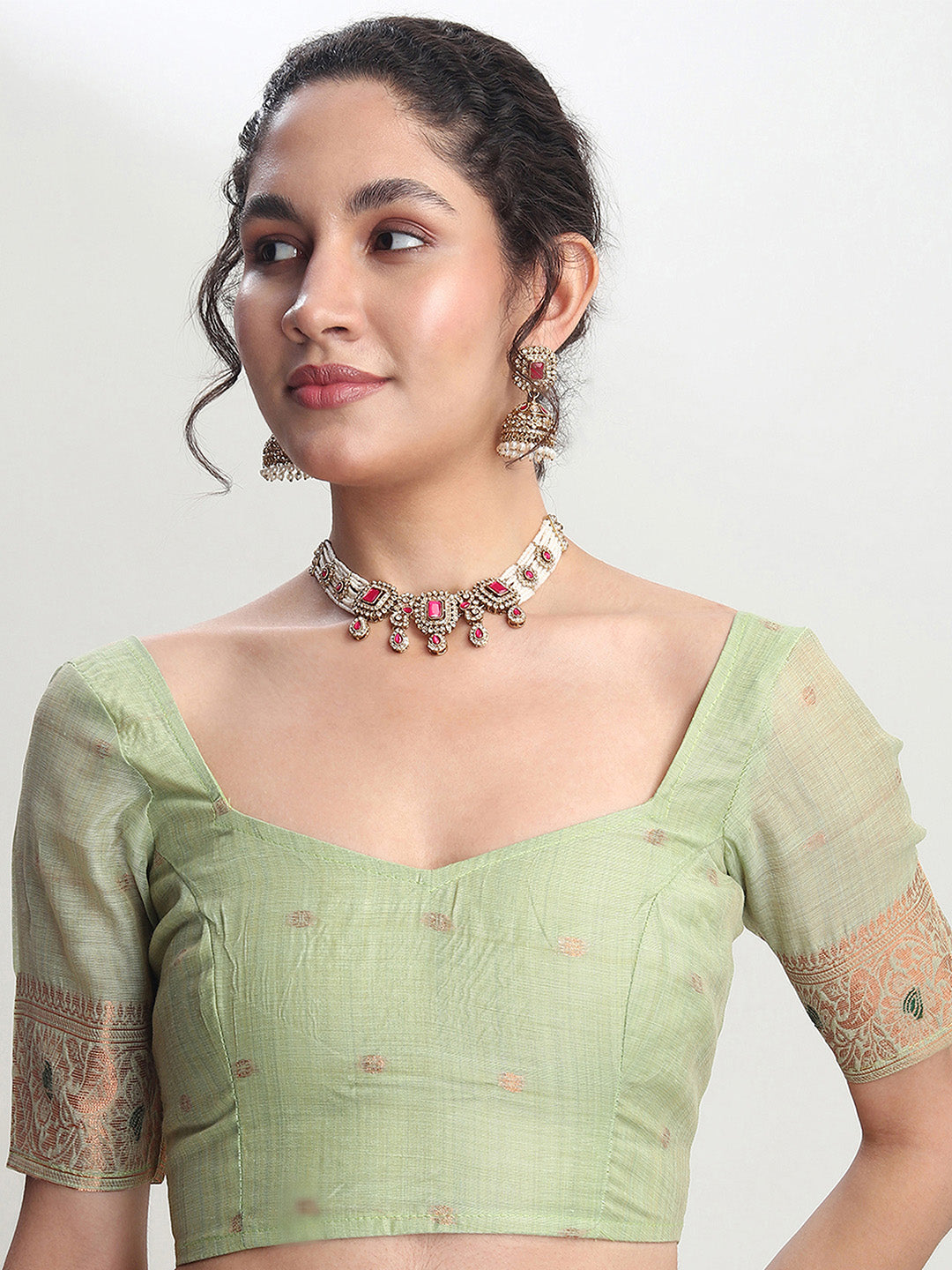 Janasya Light Green Linen Blend Kalamkari Jacquard Saree | Swadesiicart