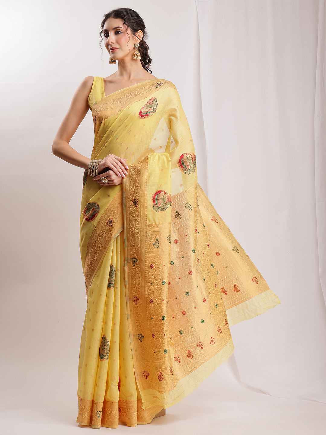 Janasya Yellow Linen Blend Kalamkari Jacquard Saree | Swadesiicart
