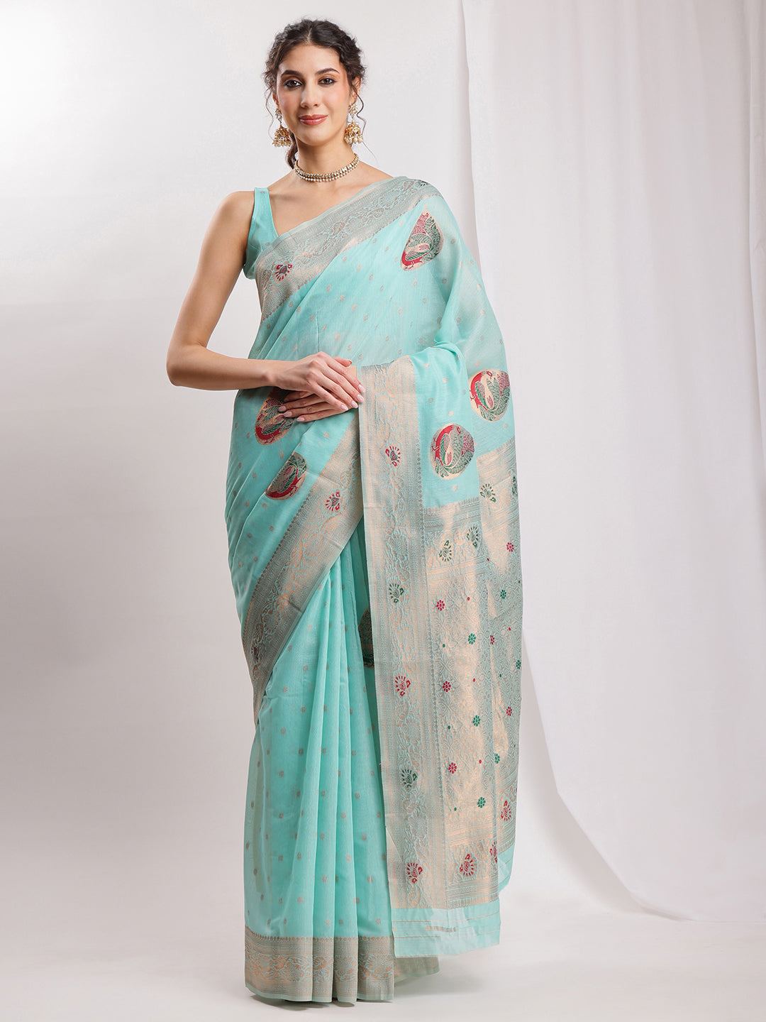 Janasya Sea Blue Linen Blend Kalamkari Jacquard Saree | Swadesiicart